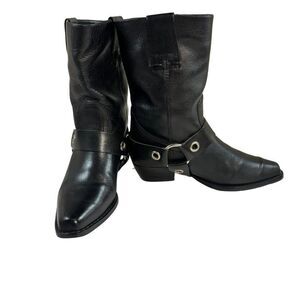 Vintage Women's Black Leather Buckle Harness Heel Boots Size 5 M Made In Brazil